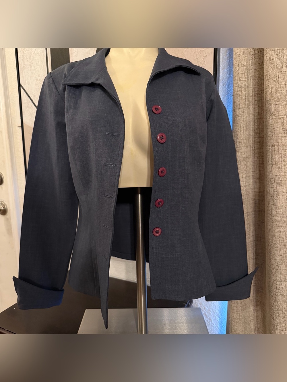 Women's Navy Tailored Jacket with Burgundy Buttons